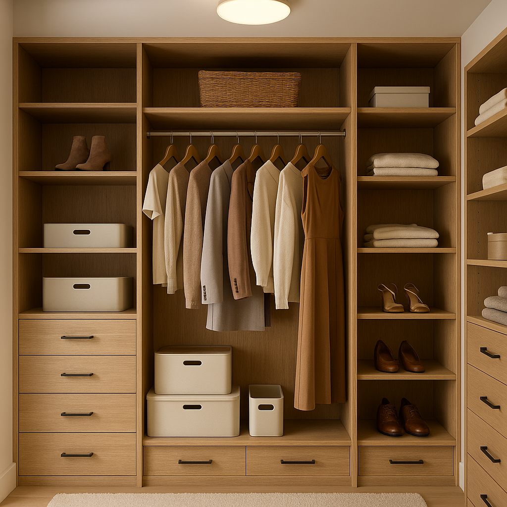 Modern wooden closet with neutral-toned clothes on hangers, folded towels, shoes, and storage boxes neatly organized on shelves.