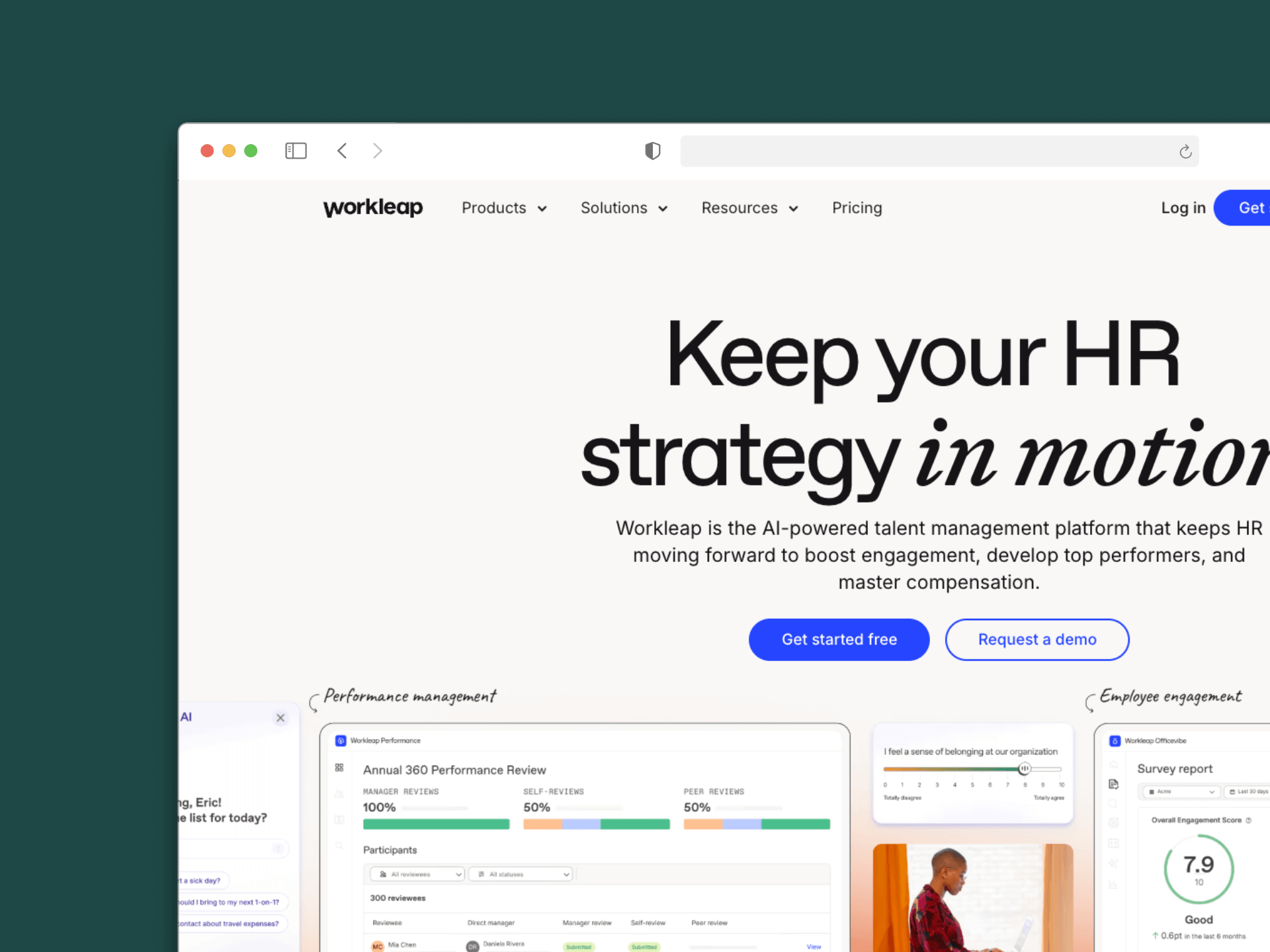 Workleap homepage showing AI-powered HR talent management platform with performance reviews, employee engagement, and survey report sections.