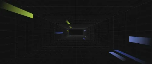 Dark 3D grid tunnel with floating blue and green rectangular light strips inside.