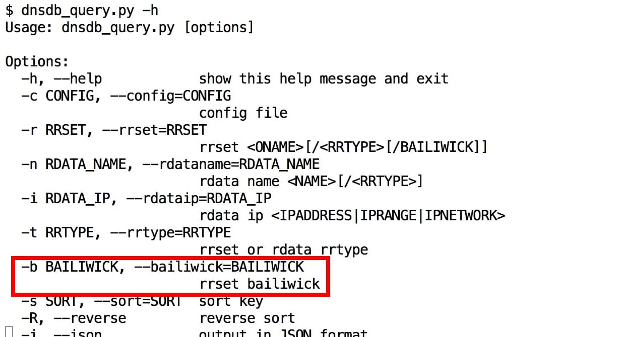 Bailiwick Reference in dnsdb_query.py Command Synopsis