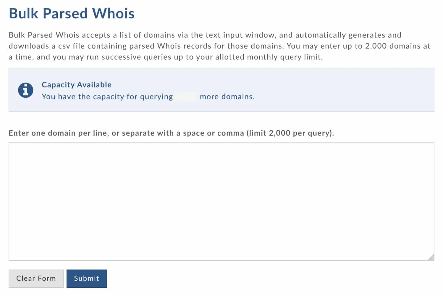 DomainTools Bulk Parsed Whois web form