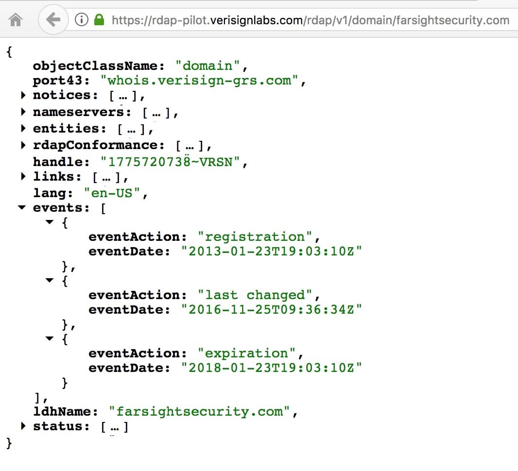 Selectively expanded RDAP screenshot
