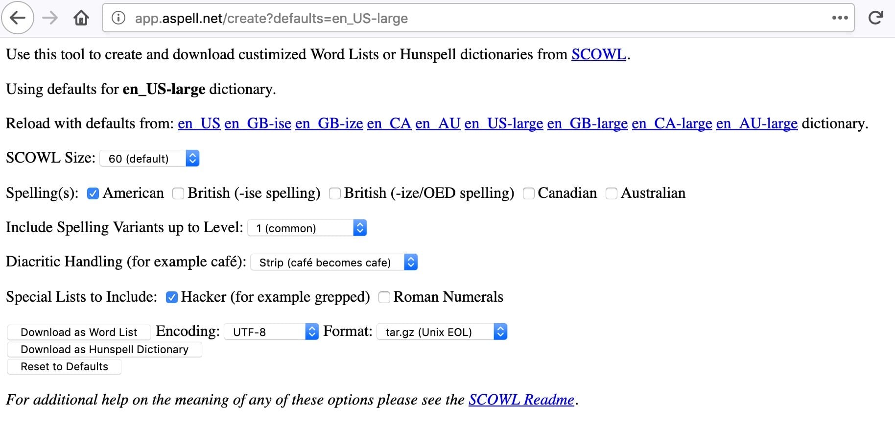 Settings For Our Downloaded List of Words