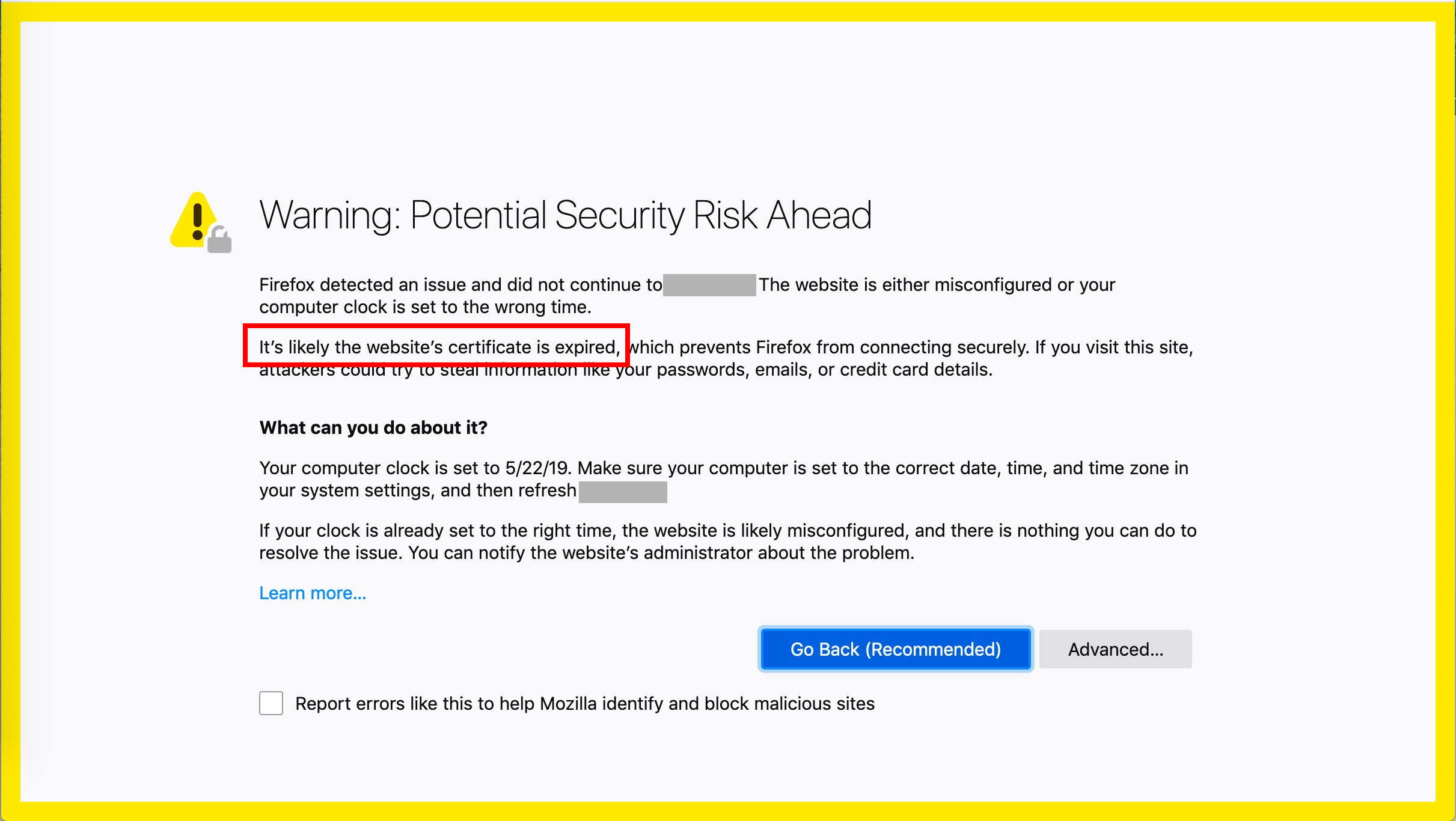 Sample Firefox Warning When Encountering An Expired Cert