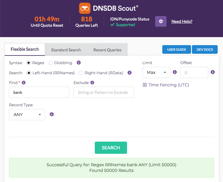 Keyword searches are supported in Flexible Search. In this example, a search for “bank” yields many results.