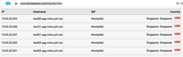 DNS Leak Test screenshot for Opera users with VPN