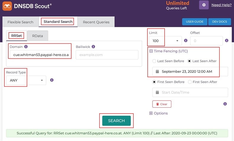 DNSDB Standard Search for a Specific Hit Of Interest, Tweaked To Roughly The Same Time Fence