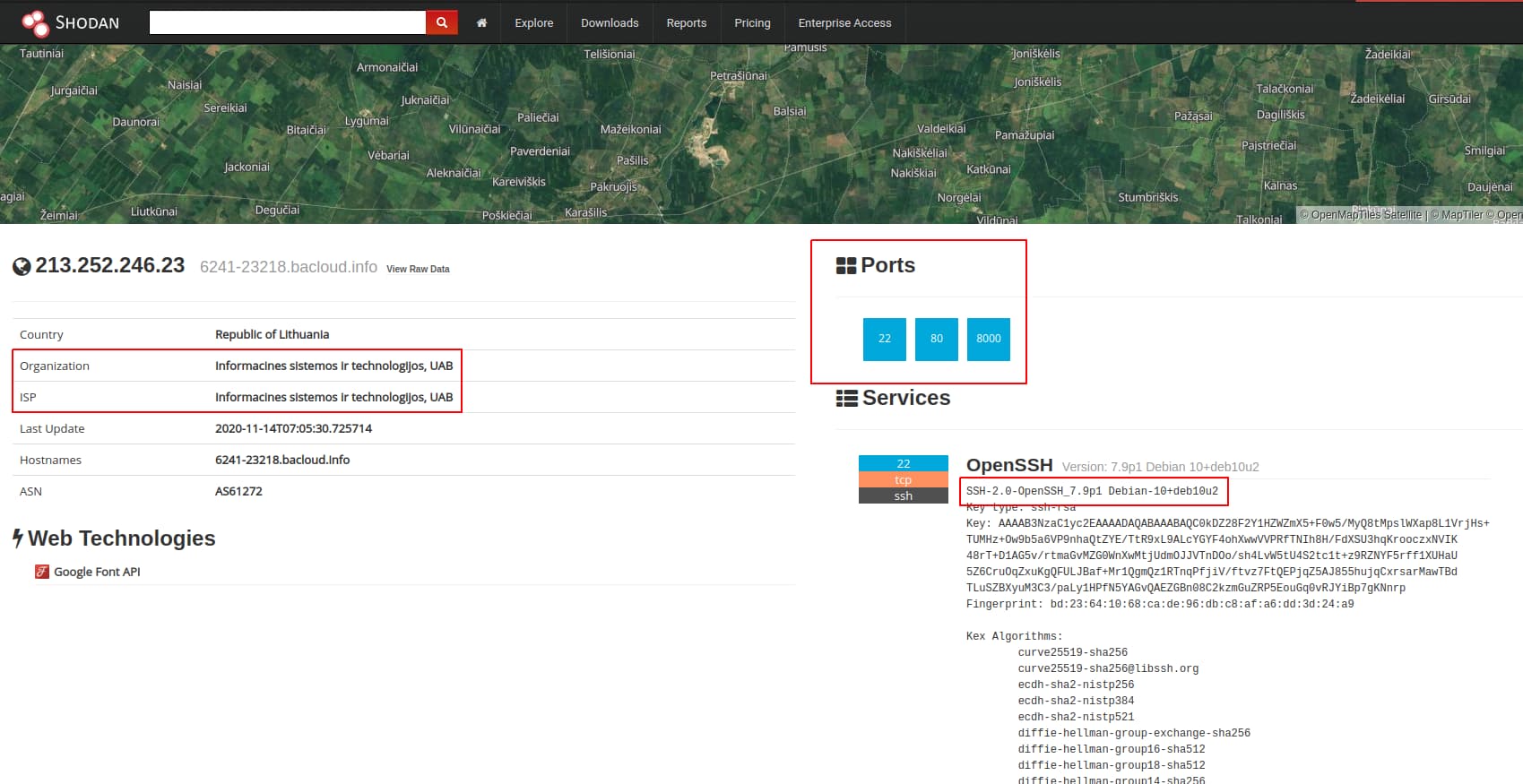 Shodan Screenshot of the Ip Address (same as above) 213.252.246.23