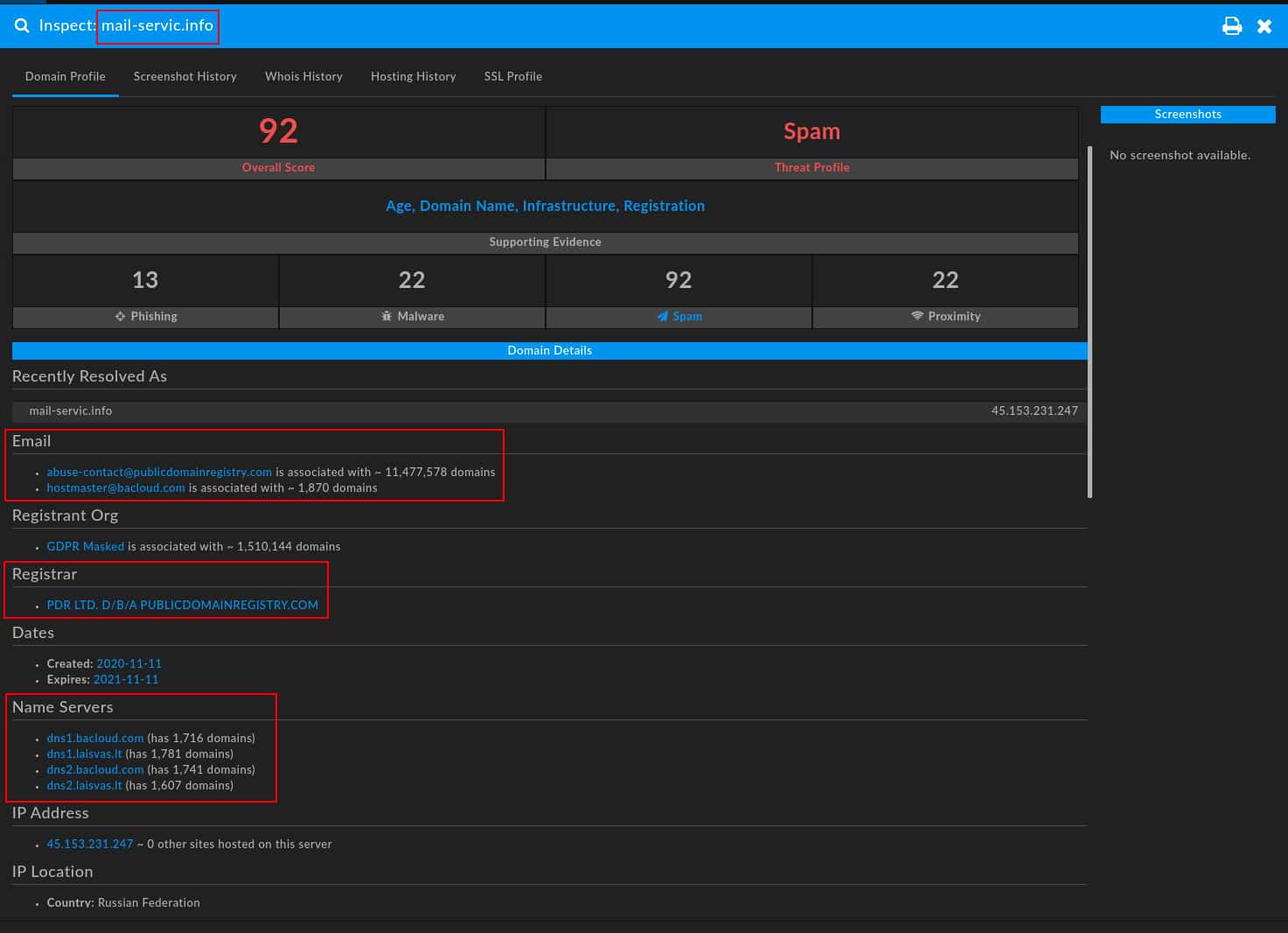 Screenshot in DomainTools Iris of mail-servic.info domain Profile