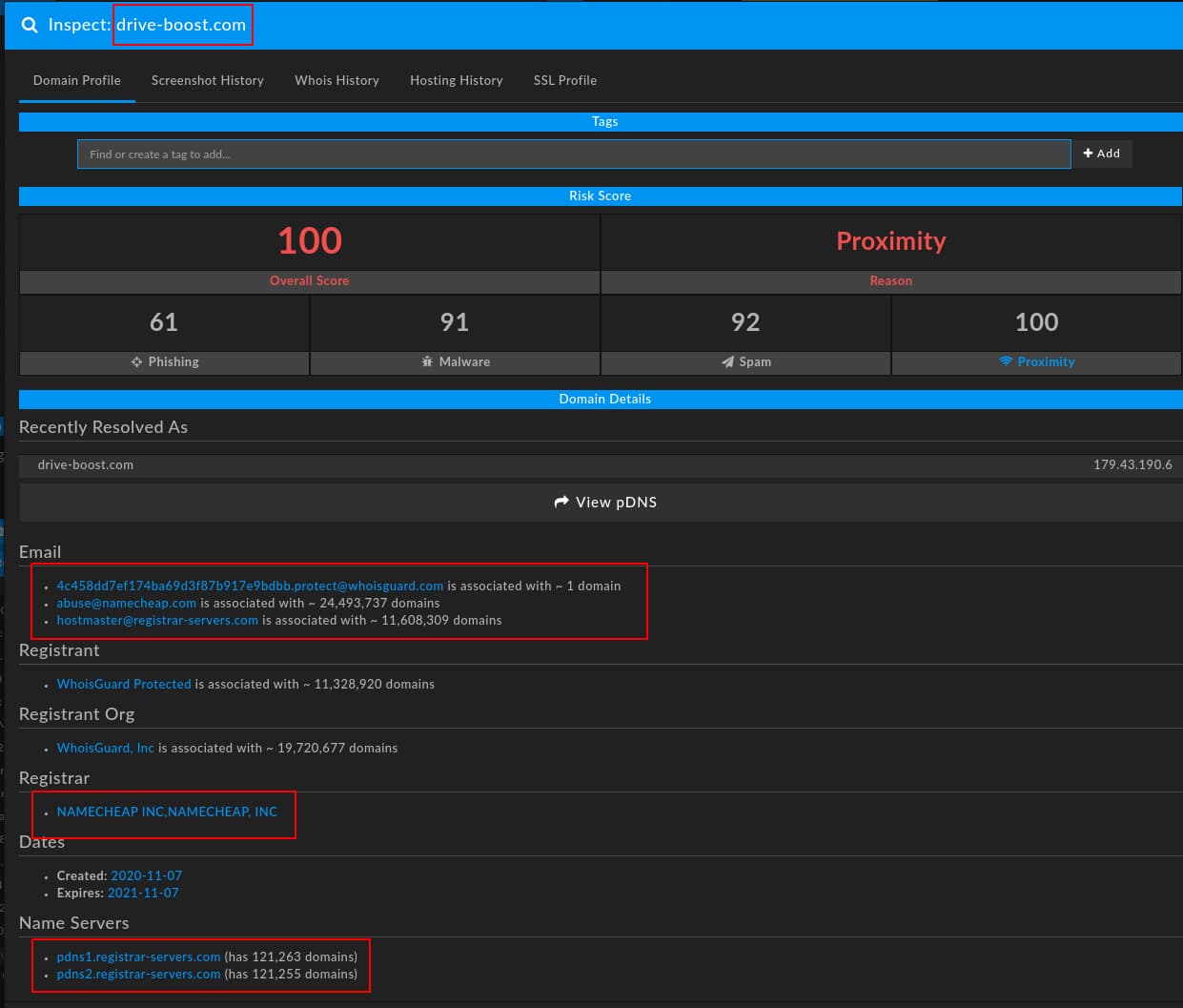 Screenshot in DomainTools Iris of drive-boost.com domain Profile