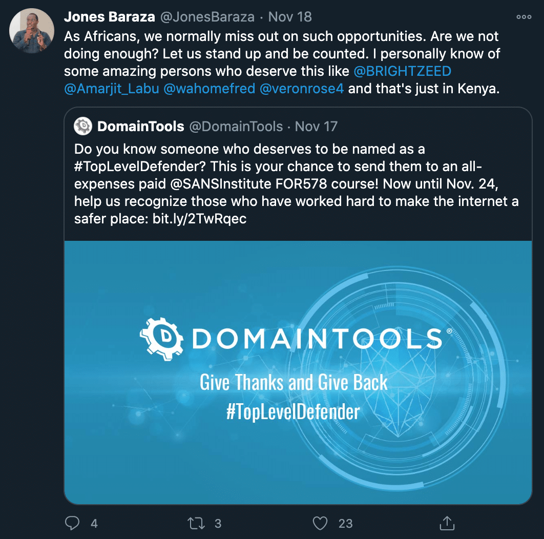 Top Level Defender Tweet