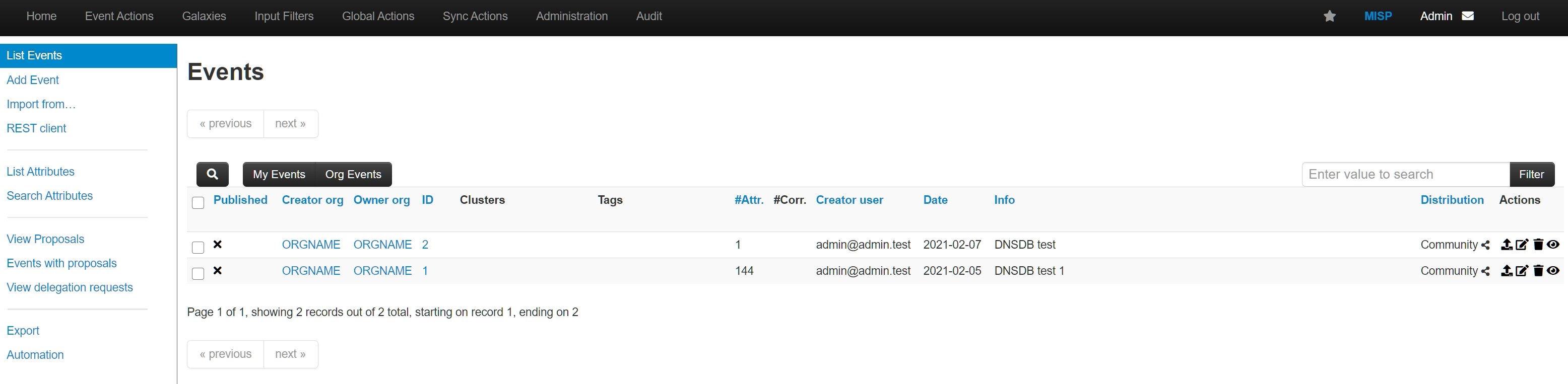 Screenshot displaying events