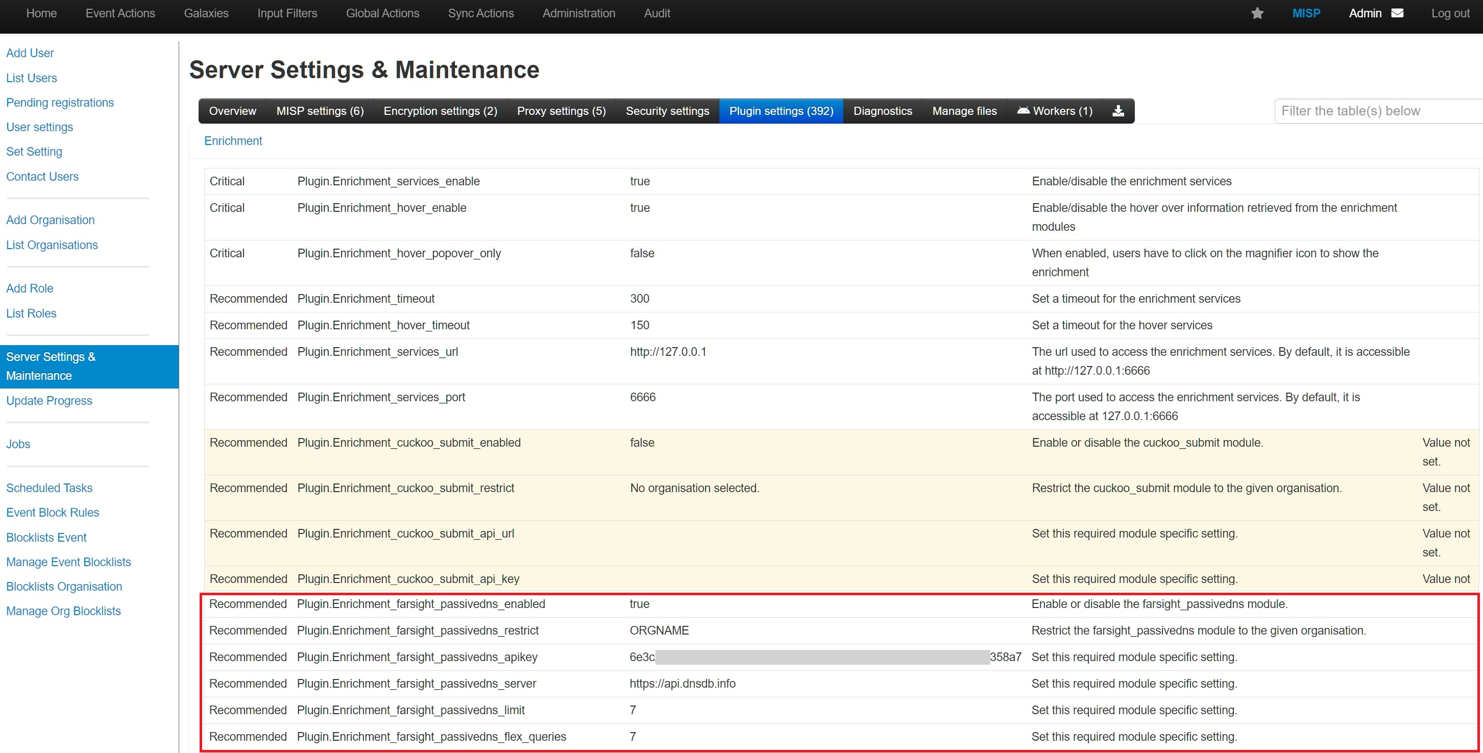 Settings to enable the Farsight Passive DNS Enrichment plugin