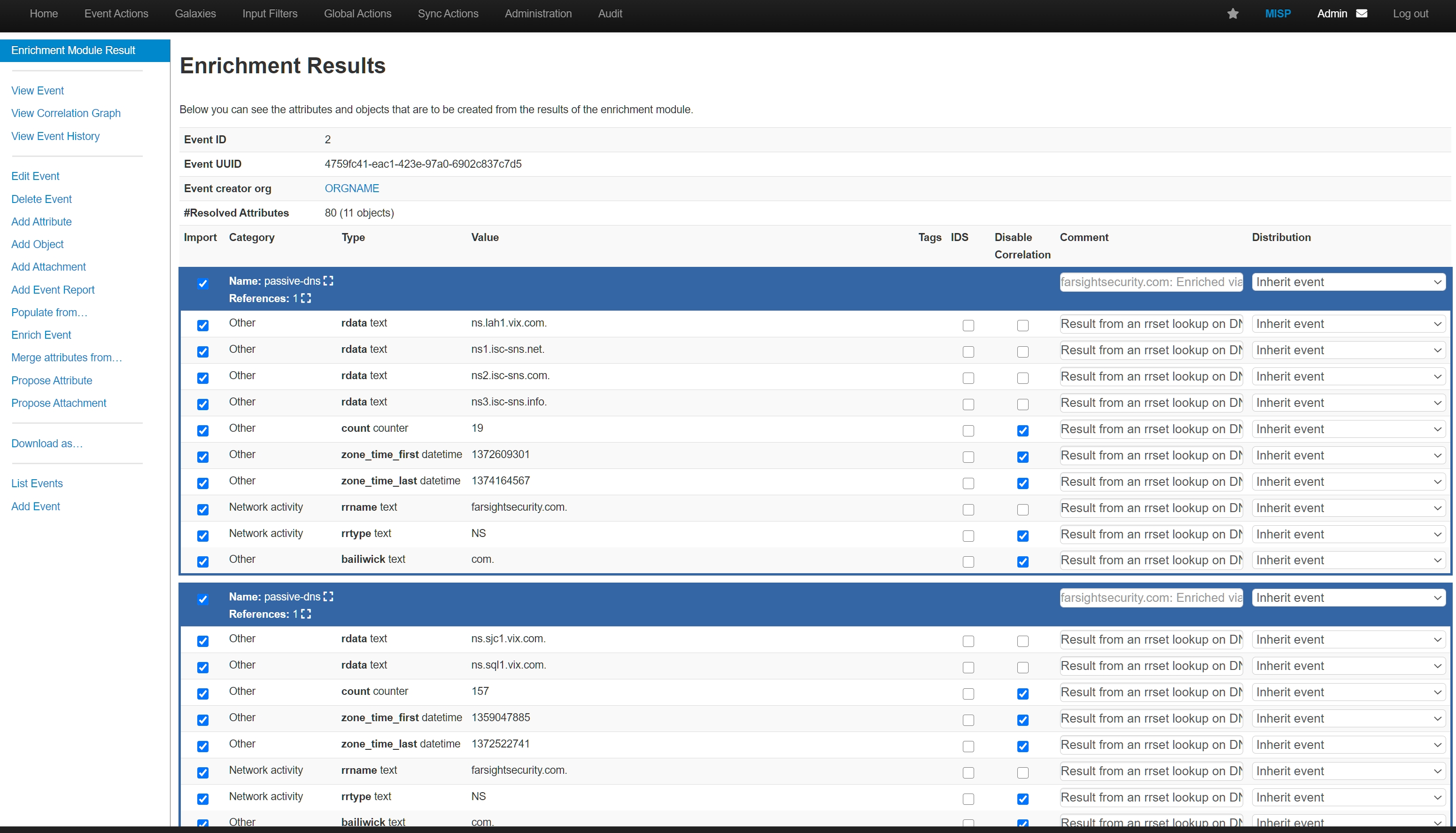 Enrichment results from DNSDB