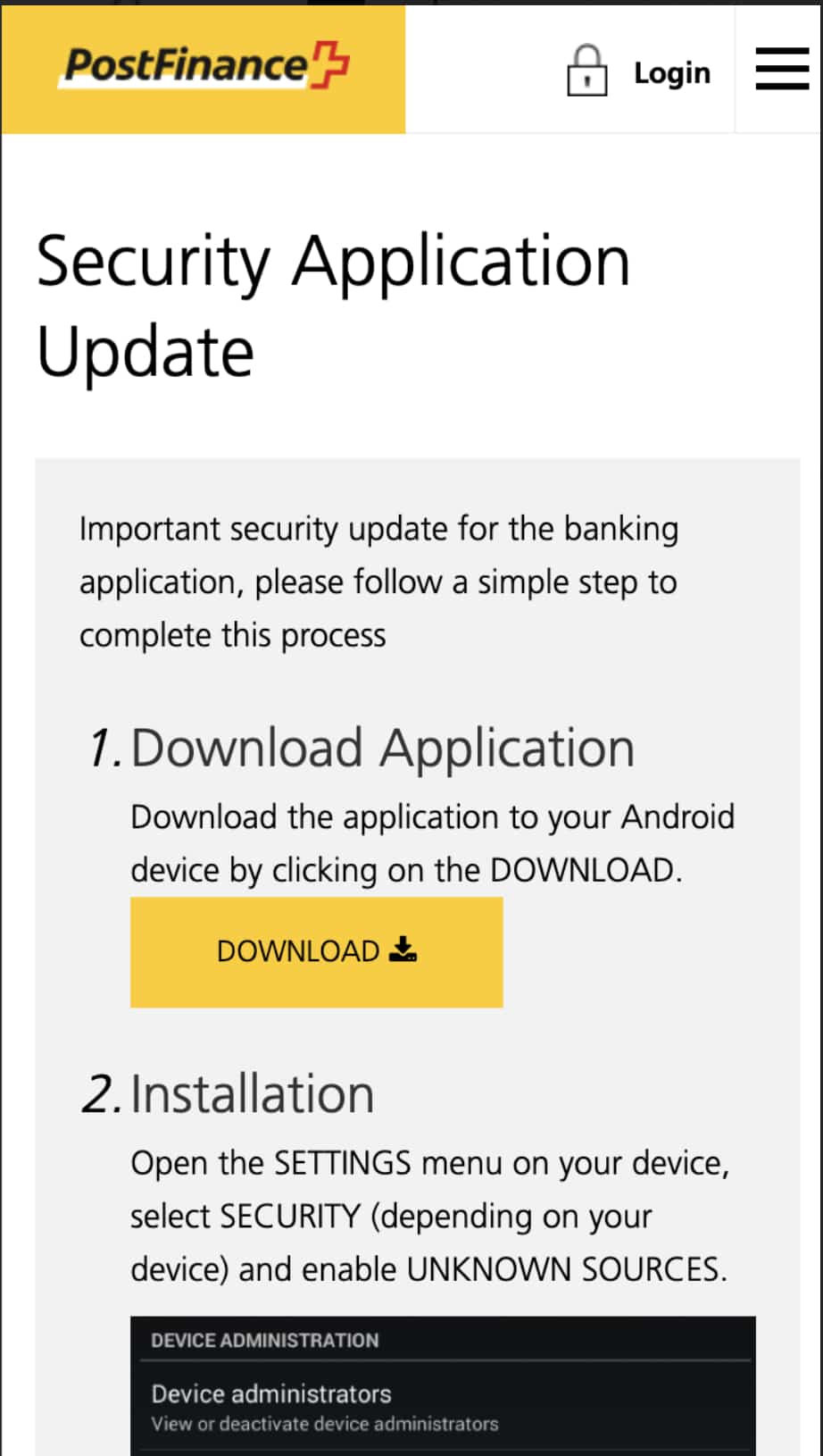 Post Finance Security Application Update Screen on Mobile Device