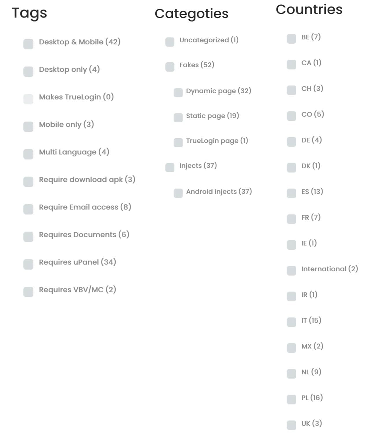 Three columns of Tags, Categories, & Countries with folders and the number files in each folder listed below.