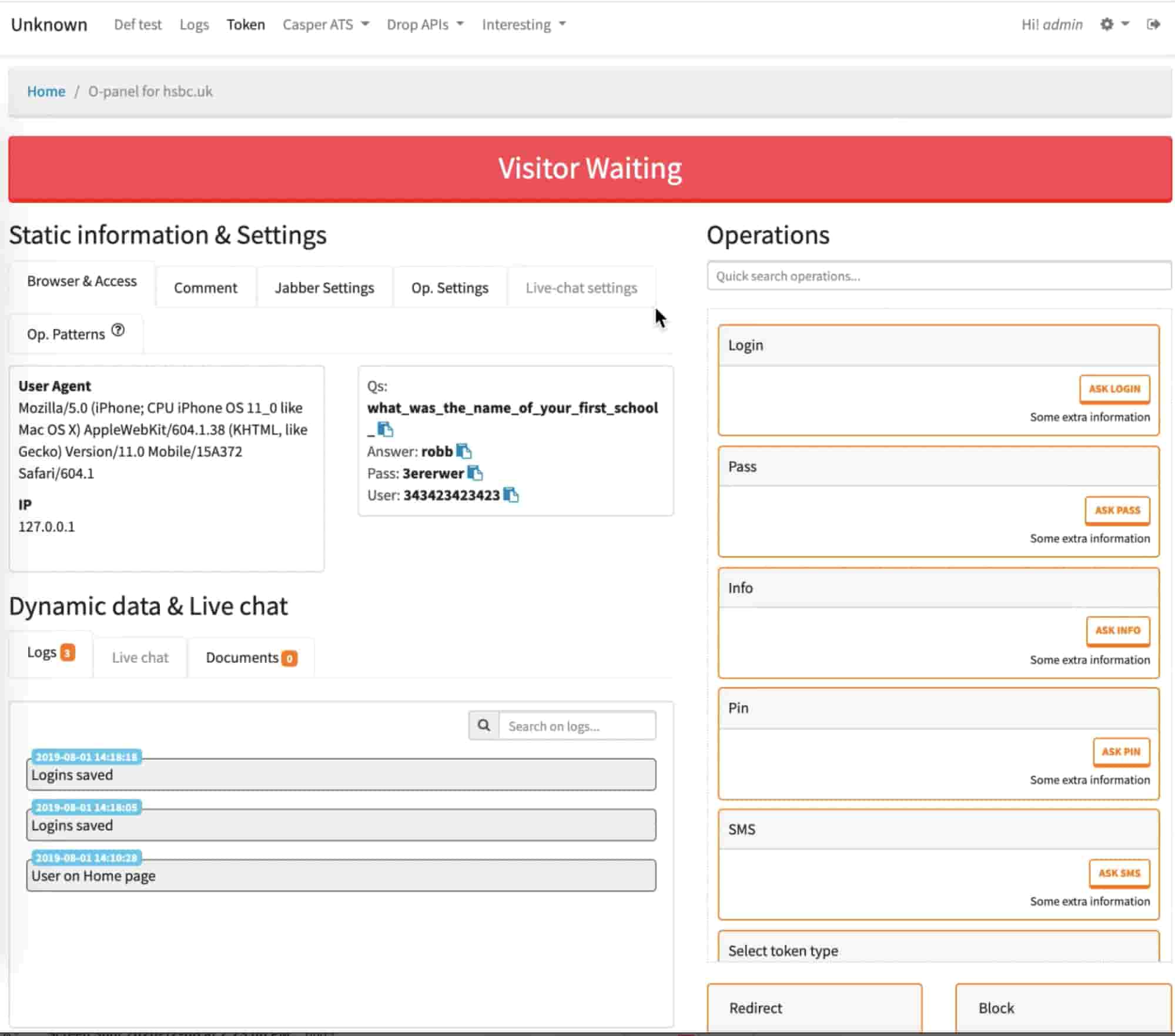 Admin side for the Phishing exploit. Here the admin can see logins, passwords, info, and more details of dynamic/live data