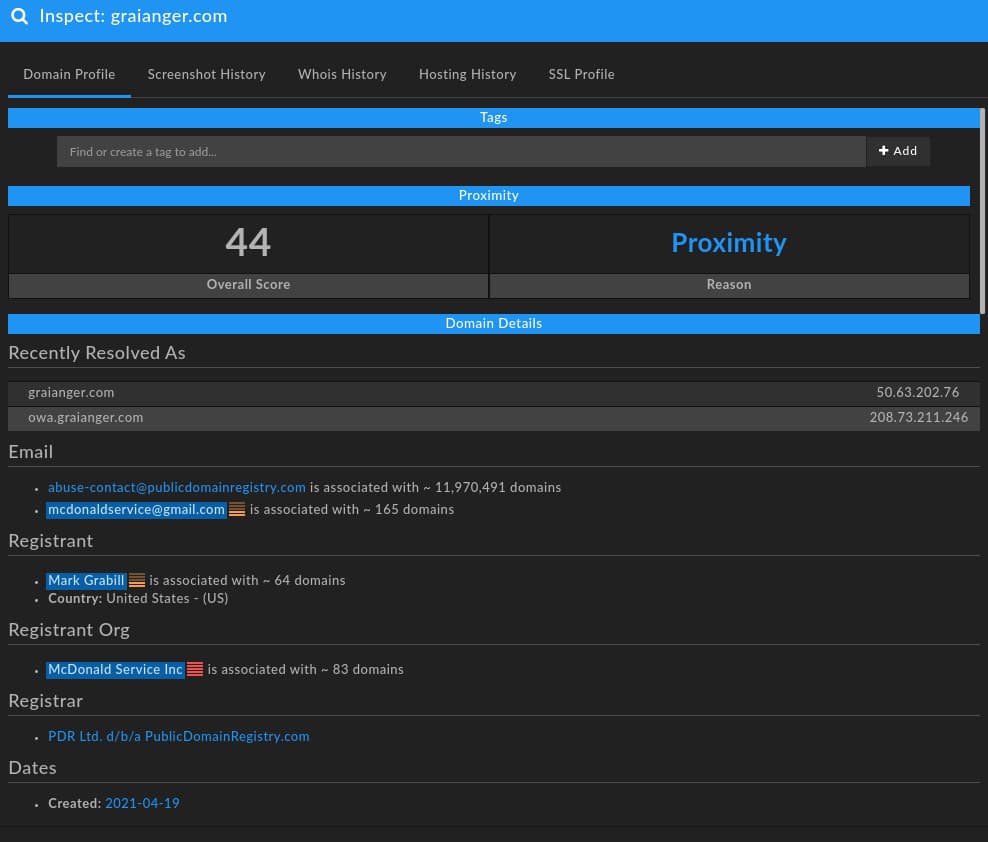 DomainTools researchers identified an interesting domain created in late April 2021, spoofing the legitimate industrial supply company Grainger.