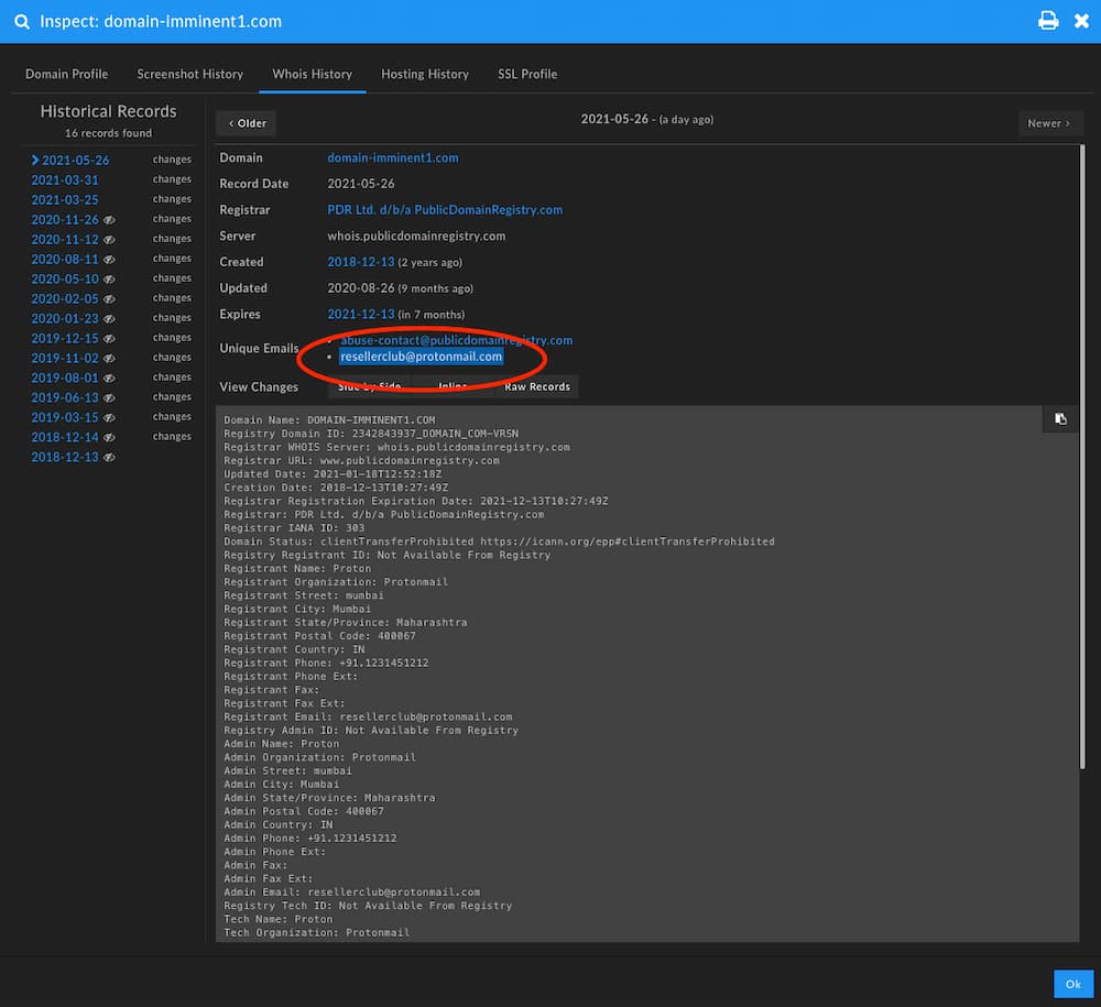 This email in historical Whois records ties to 20 records total that span most of the nameservers DomainTools researches enumerated.
