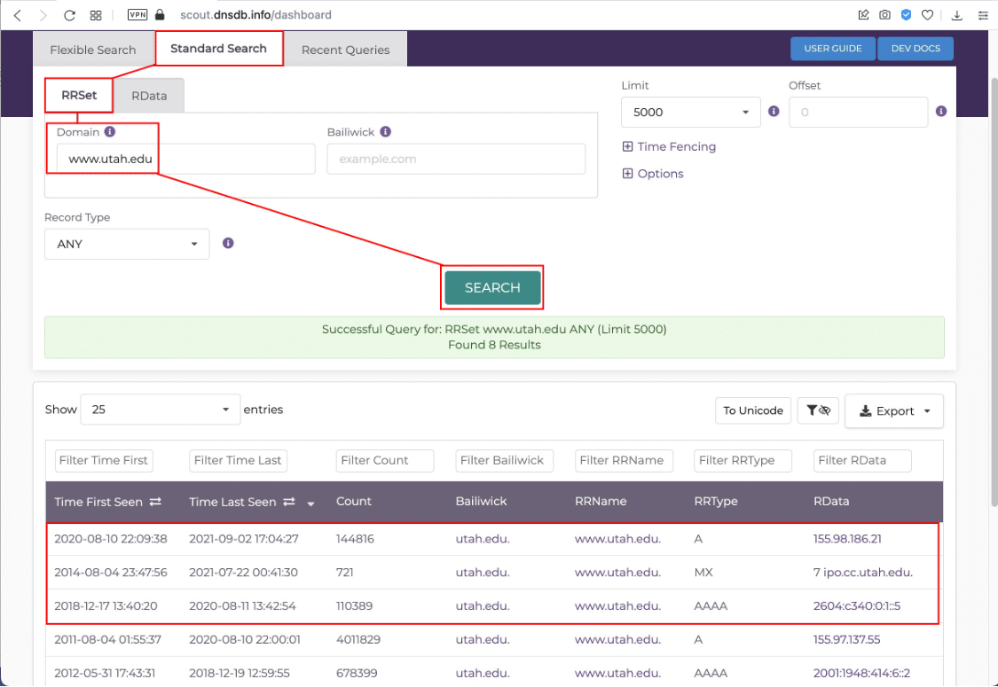 Using DNSDB Scout to look at www.utah.edu