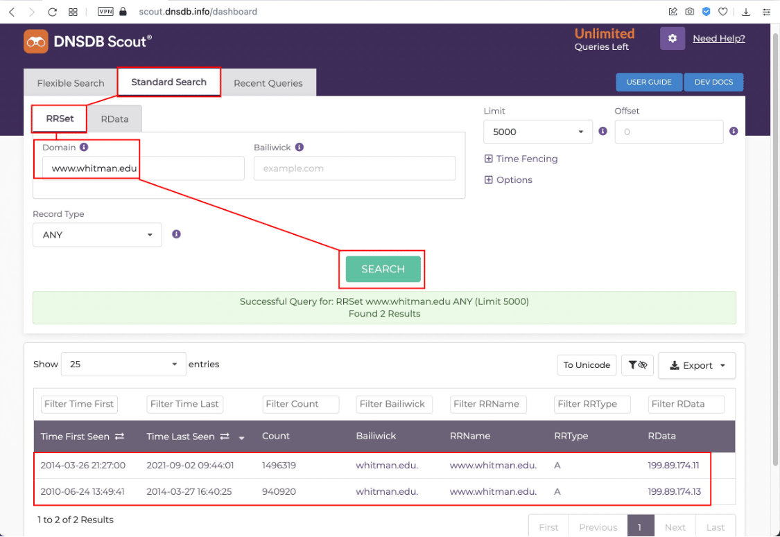 Using DNSDB Scout to see the IP addresses that www.whitman.edu has used over time