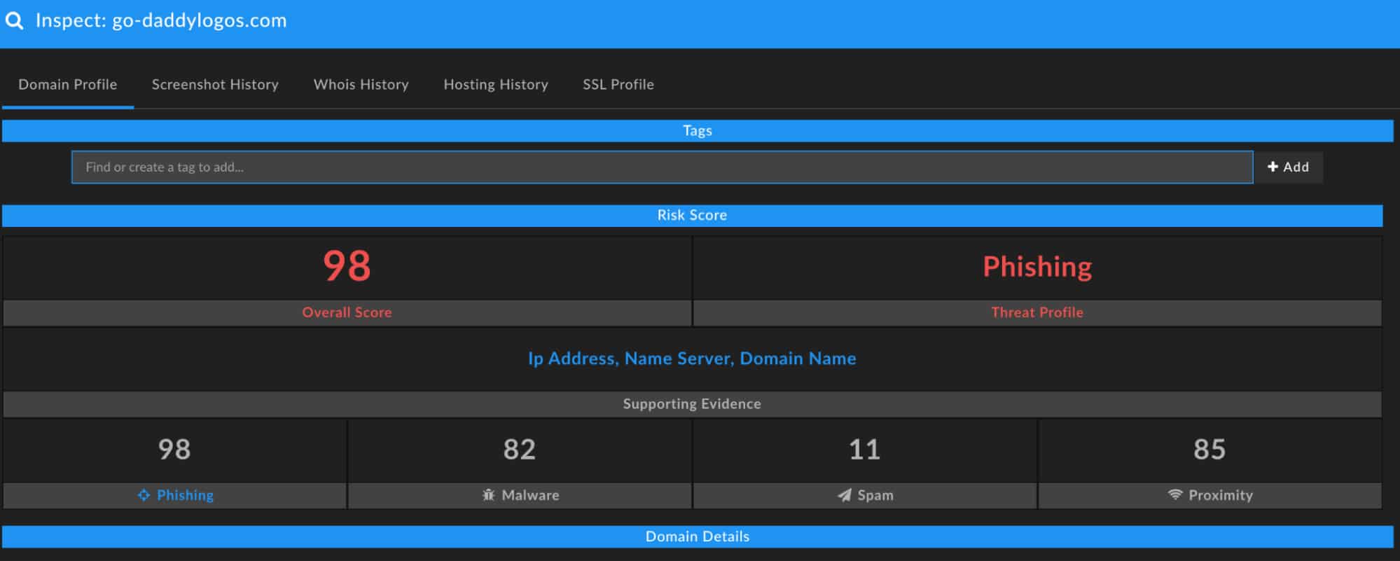 DomainTools risk score and threat profile as viewed in DomainTools Iris