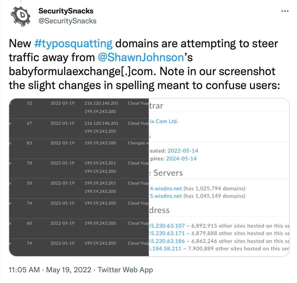 Tweet from @SecuritySnacks shining a light on typosquatting domains
