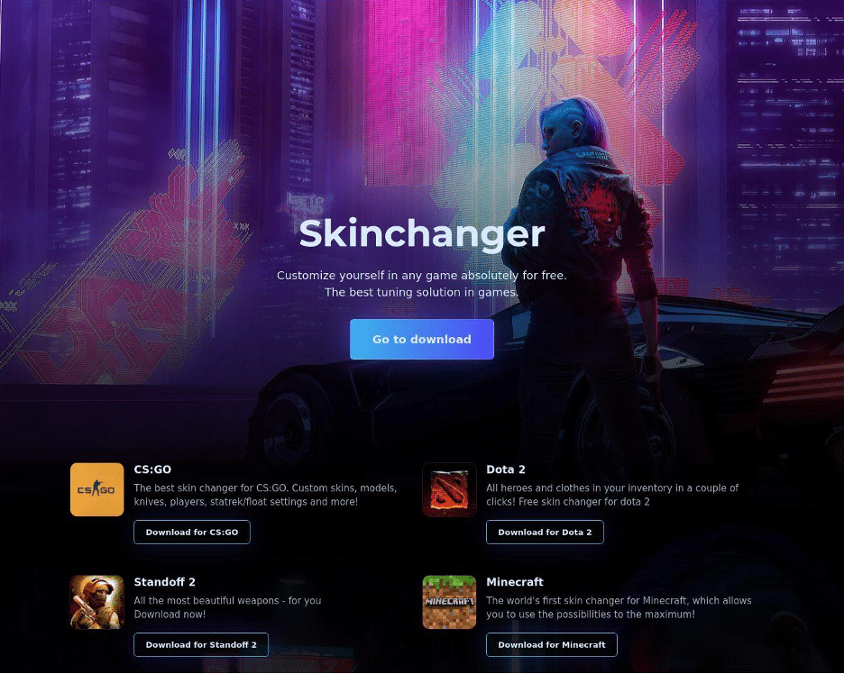 Figure 10: Likely malicious “Skinchanger” video game mod at skinchangenow[.]com.