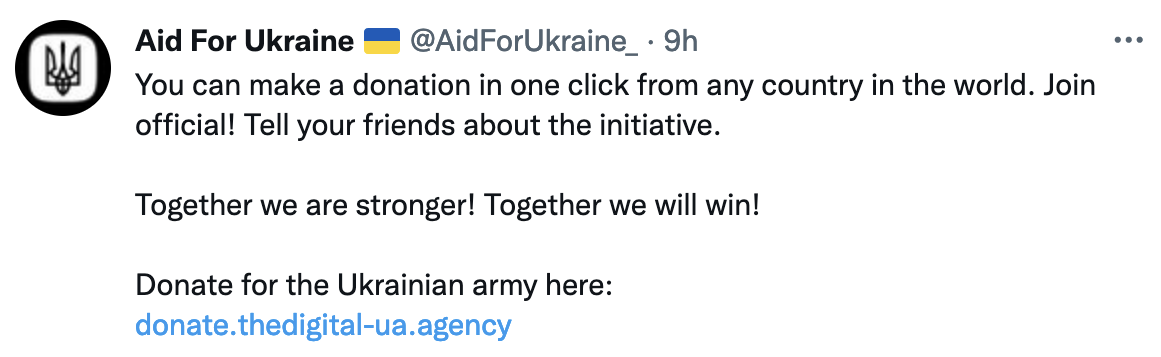 A tweet from Aid For Ukraine encourages global donations to support the Ukrainian army, warning that fraudsters impersonate Ukraine's government. It includes a secure donation link and messages about unity and winning together.