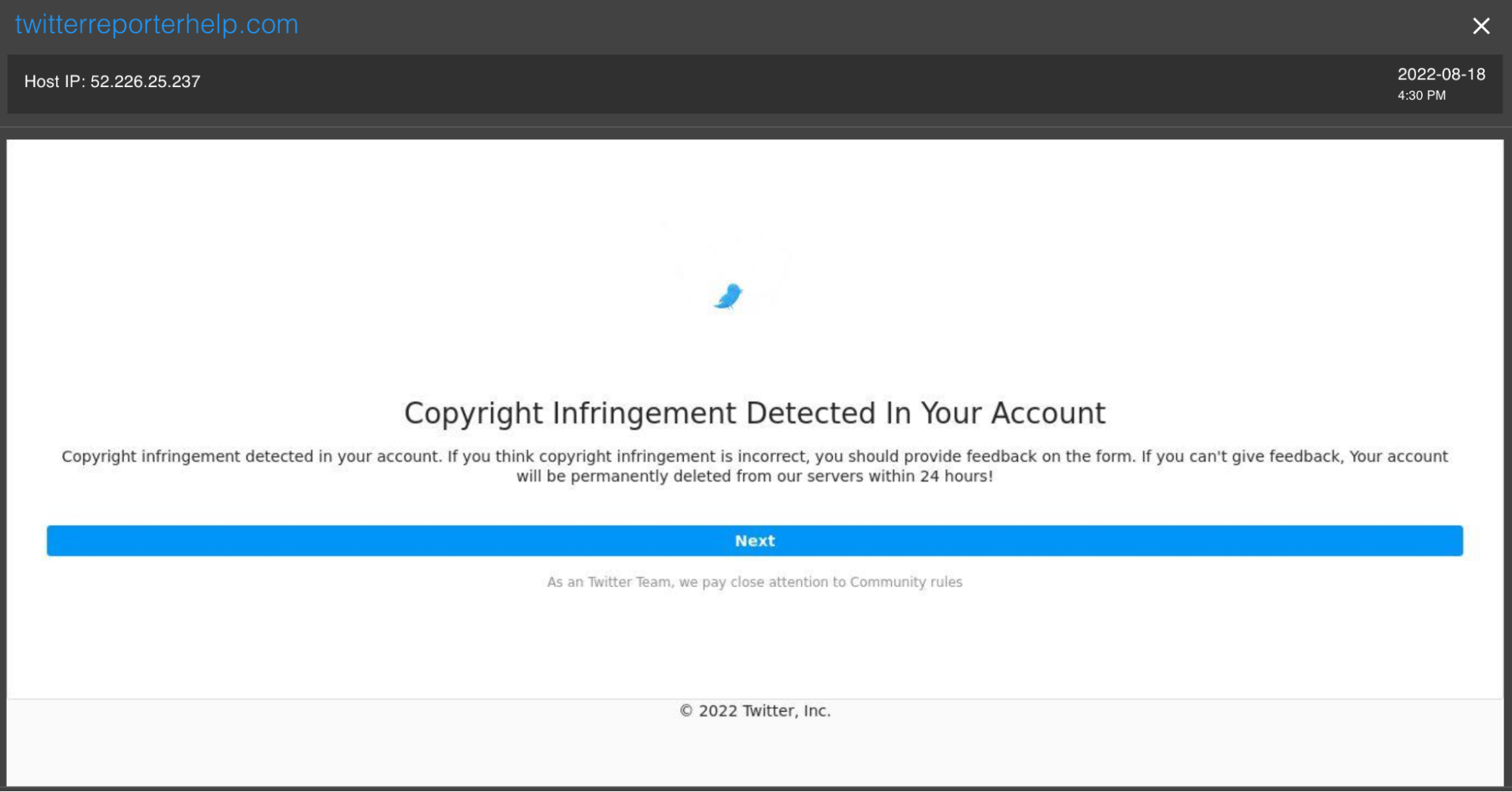 Screenshot of a warning message on a website stating "Copyright Infringement Detected In Your Account," with instructions to provide feedback or risk account deletion within 24 hours. Dated 2022-08-18 at 4:39 PM.