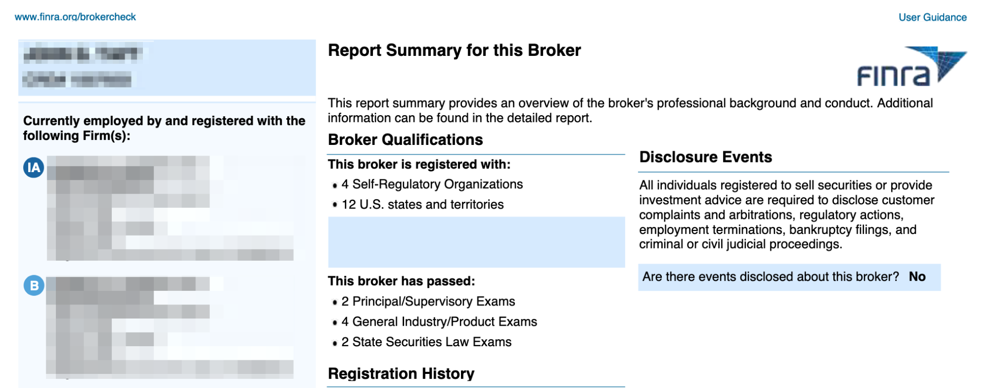 A FINRA broker report summary shows sections on current employment, qualifications, disclosure events, and exam history, with most personal details blurred; the FINRA logo appears at the top right.