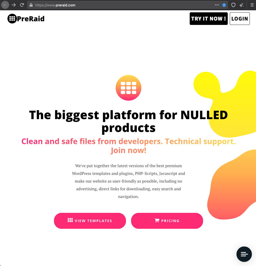 Screenshot of the PreRaid website homepage, featuring bold text promoting nulled products, templates, and scripts, with "View Templates" and "Pricing" buttons. The background has bright abstract shapes.