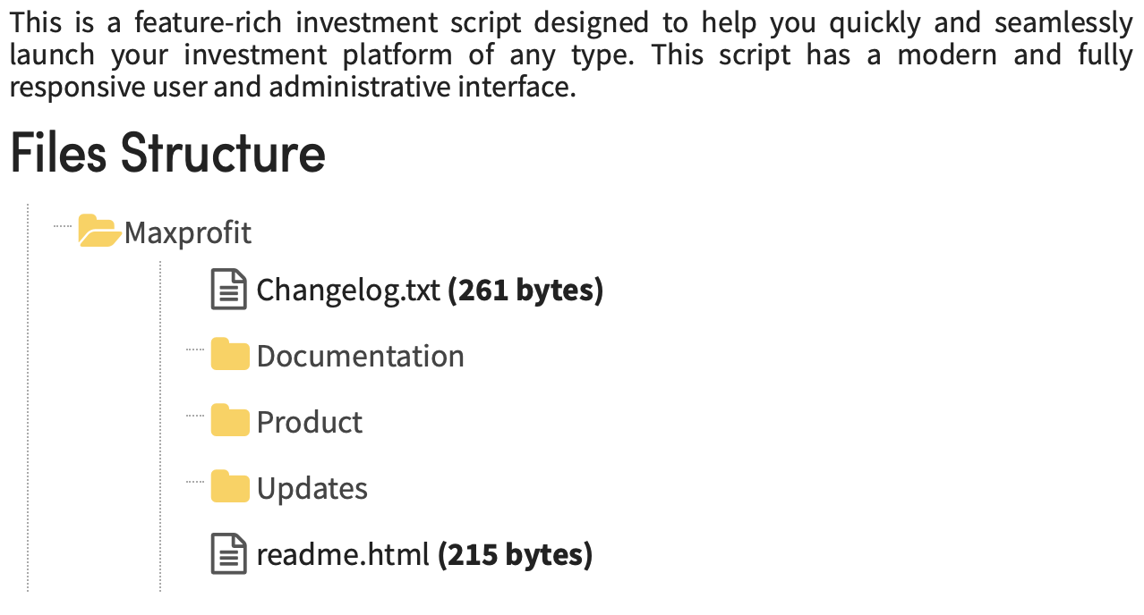 Screenshot showing a folder structure for "Maxprofit" with files: Changelog.txt (261 bytes), Documentation, Product, Updates, and readme.html (215 bytes). Intro text describes an investment script and its features.