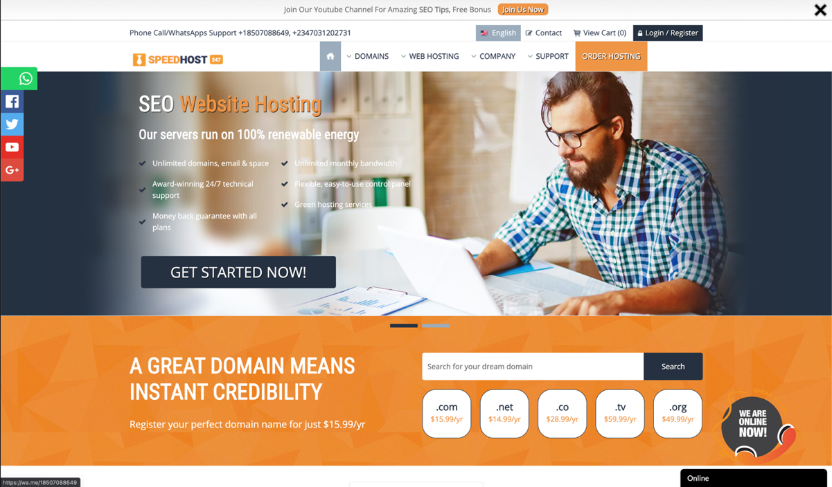 A man with glasses sits at a desk using a laptop. The website promotes SEO website hosting and domain registration, highlighting green energy servers, unlimited domains, and various domain prices.