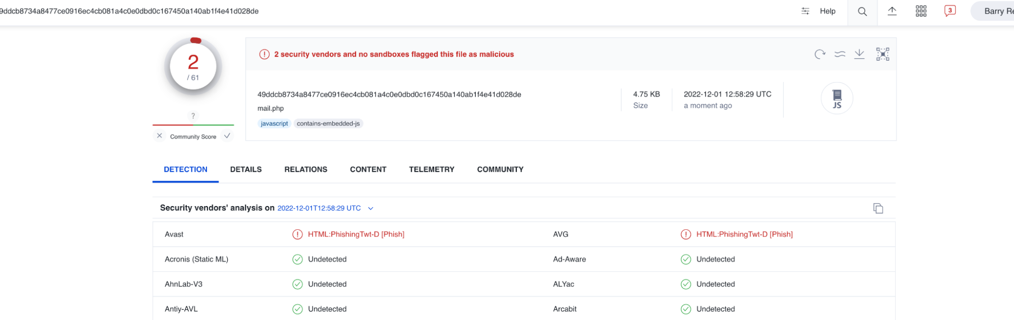 A screenshot of a VirusTotal scan result shows a file flagged as malicious by 2 security vendors, listing detection names and details, with a highlighted alert message at the top.