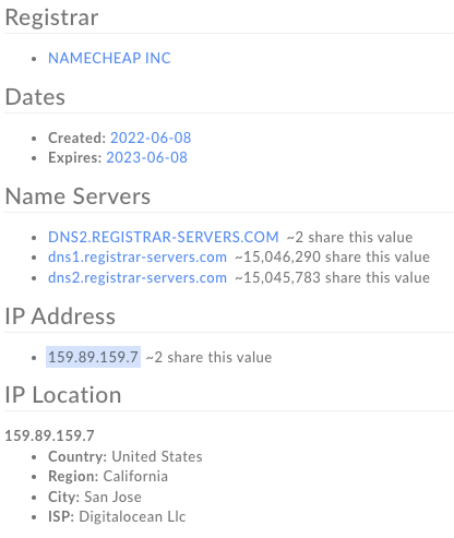 A domain registration information page displaying registrar, creation and expiry dates, name servers, IP address, associated country, region, city, ISP, shared name servers, IP location details, and insights from domain monitors.