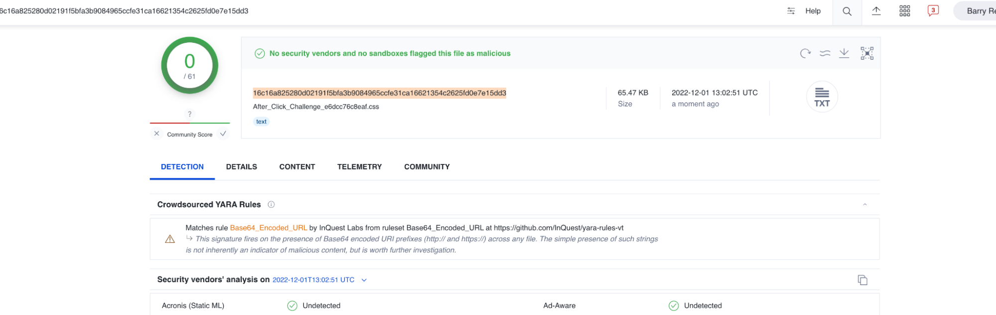Screenshot of a VirusTotal analysis showing a file named "After_Click_Challenge_inTheCloud_Slide01.exe" with 0/61 security vendors detecting it as malicious. Various verdicts and detection details are displayed.