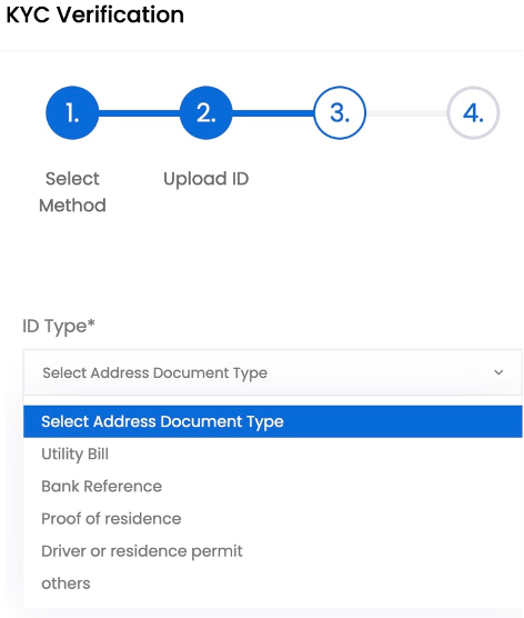 KYC verification steps progress bar with step 3 highlighted; dropdown menu displays address document options—utility bill, bank reference, proof of residence, and driver or residence permit—to help prevent financial advisor impersonation FINRA risks.