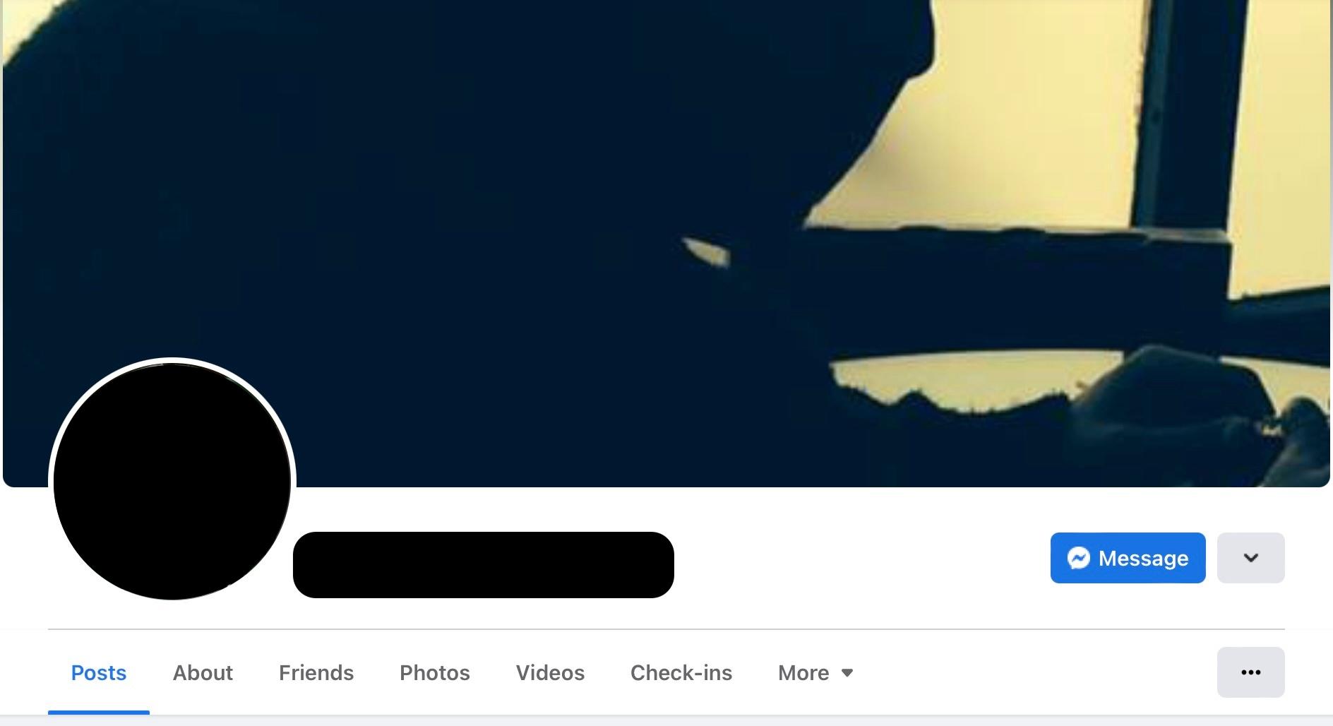 A Facebook profile page with the cover photo showing a dark silhouette of a person by a window. The profile and name areas are blacked out, resembling images used in a brief analysis of a US Postal Service smishing campaign. Menu bar: Posts, About, Friends, Photos.