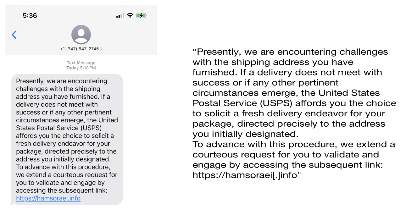 A smartphone screen displays a text message claiming shipping issues and asking the recipient to validate their address via a link. The text is also shown enlarged on the right side for clarity.
