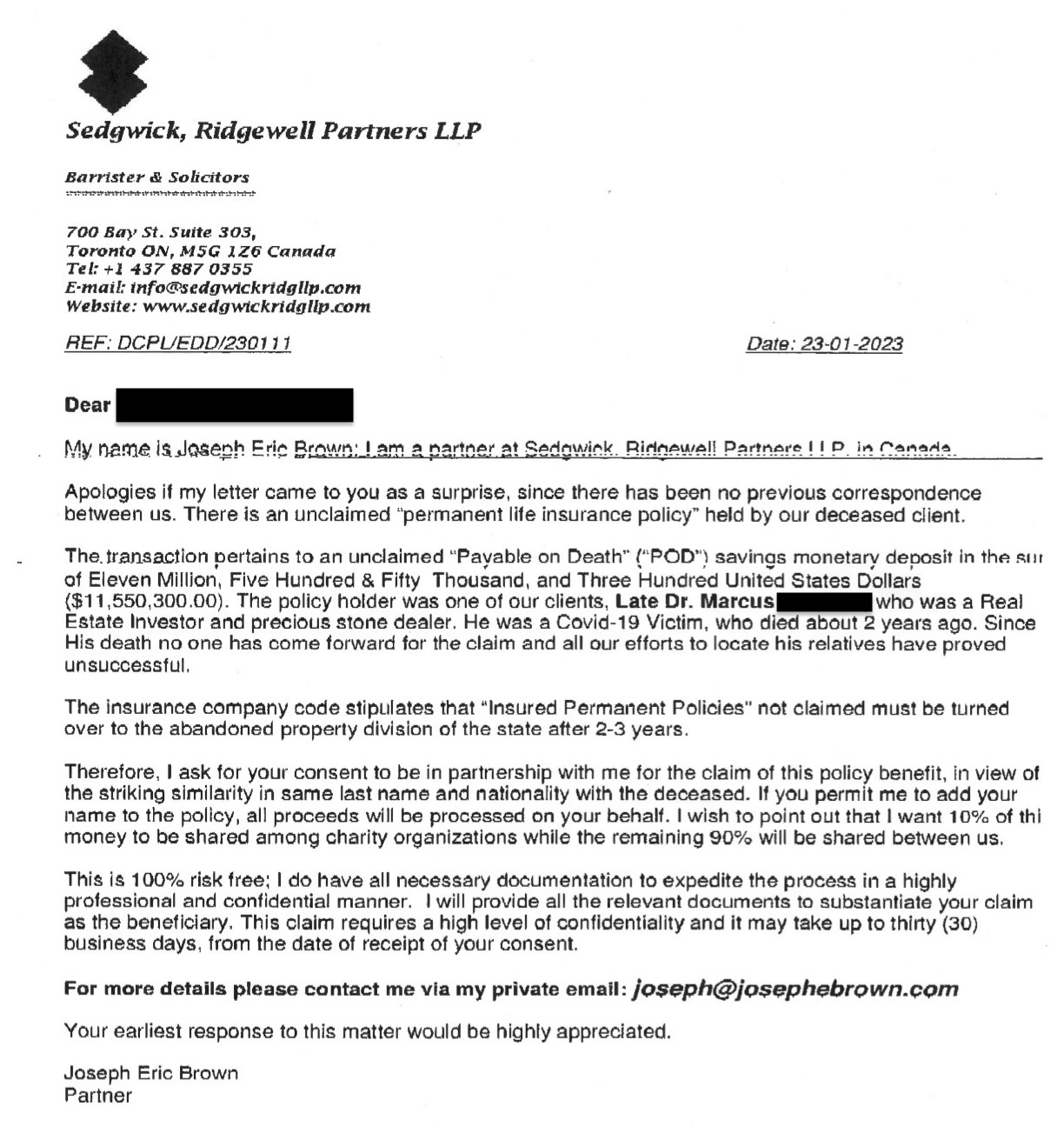 A letter from Sedgwick, Ridgewell Partners LLP discusses an unclaimed insurance payout of about $11.5 million in the United States, addressed to an individual, mentioning the deceased client and offering a potential partnership.