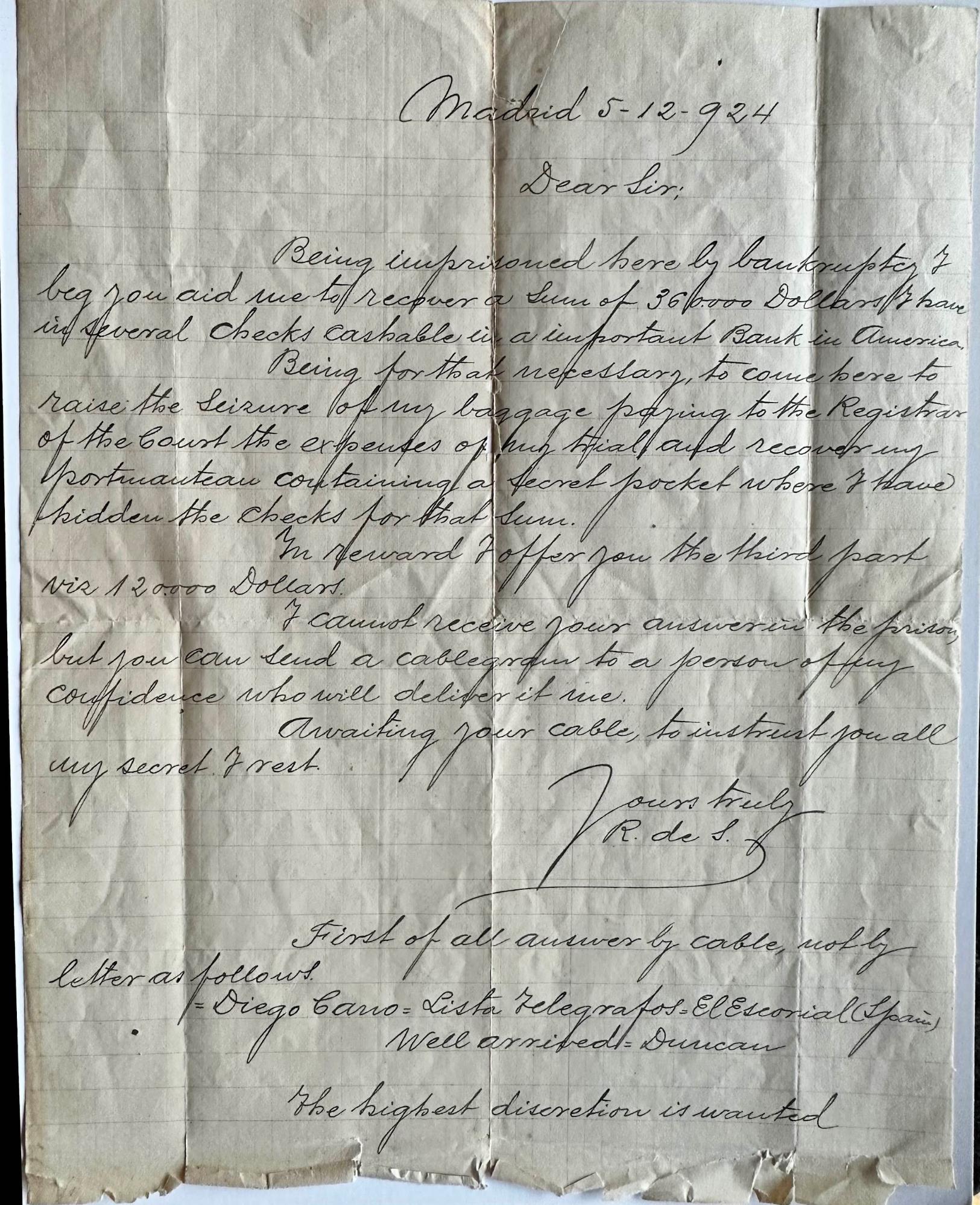 A handwritten letter dated Madrid 5-12-924, with visible folds and worn edges. The letter discusses business matters, mentions bank references, and is signed at the bottom. There is also a brief postscript.