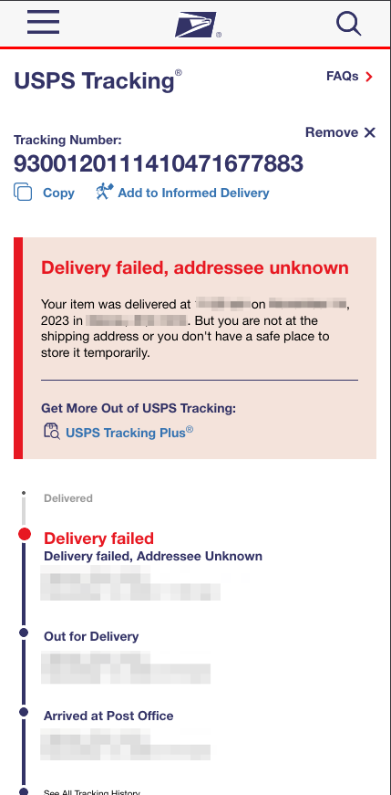Screenshot of a USPS Tracking page showing a red alert box stating "Delivery failed, addressee unknown" for package 9300120111410471677883. Beware of US Postal Service Phishing During the Holidays when checking delivery timelines and alerts.