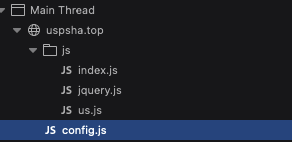 A file explorer shows a directory structure: uspsha.top > js, containing four JavaScript files—index.js, jquery.js, us.js, and the selected config.js. Beware of US Postal Service phishing during the holidays when browsing such files.