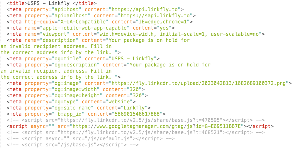 A screenshot of HTML code for a webpage titled "USPS - Linkfly," showing meta tags, a package on hold warning, and Google Tag Manager script. Beware of US Postal Service Phishing During the Holidays.
