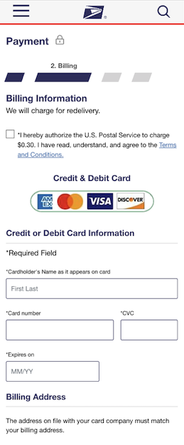USPS online payment form page for redelivery, showing options to enter credit or debit card details. Beware of US Postal Service phishing during the holidays—ensure you’re on the official site before entering card or billing information. Accepted card logos displayed.