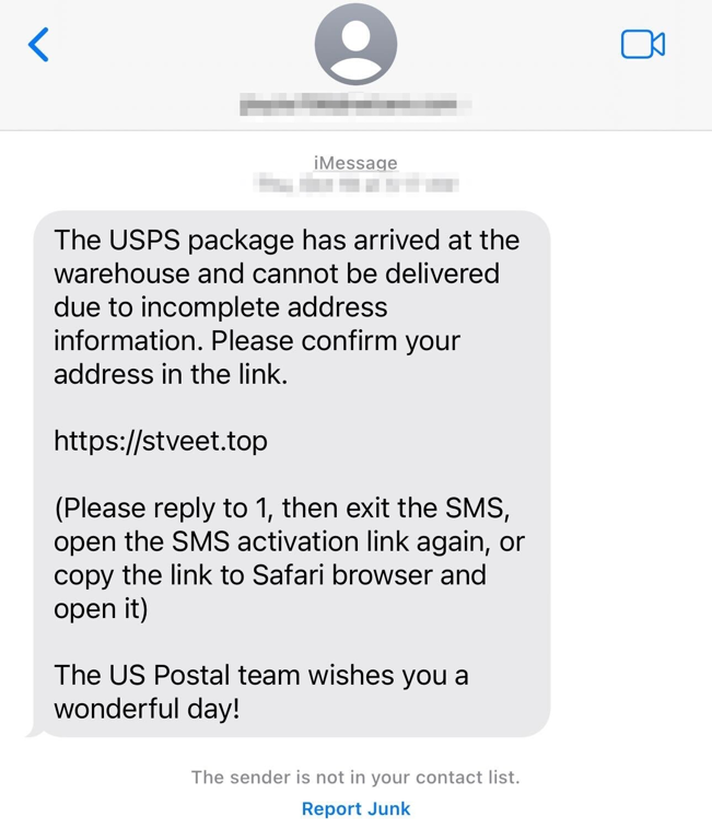 A text message claims a USPS package can't be delivered due to incomplete address info, urging the recipient to confirm their address via a suspicious link. Beware of US Postal Service phishing during the holidays with fake notes from the "US Postal team.